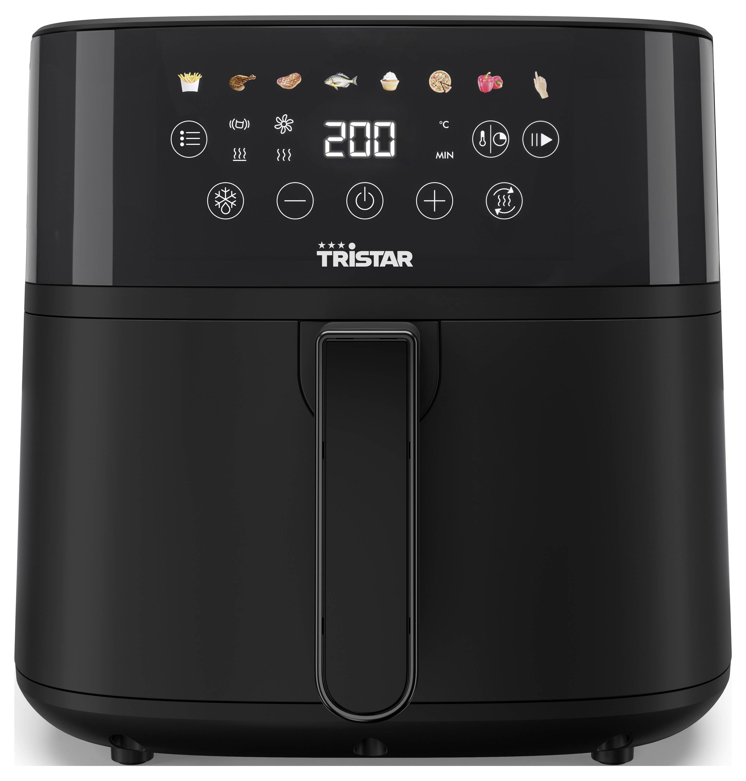 Eine schwarze Heißluftfritteuse mit digitalem Touch-Display zeigt verschiedene Kochsymbole und die Temperatur von 200 Grad an.