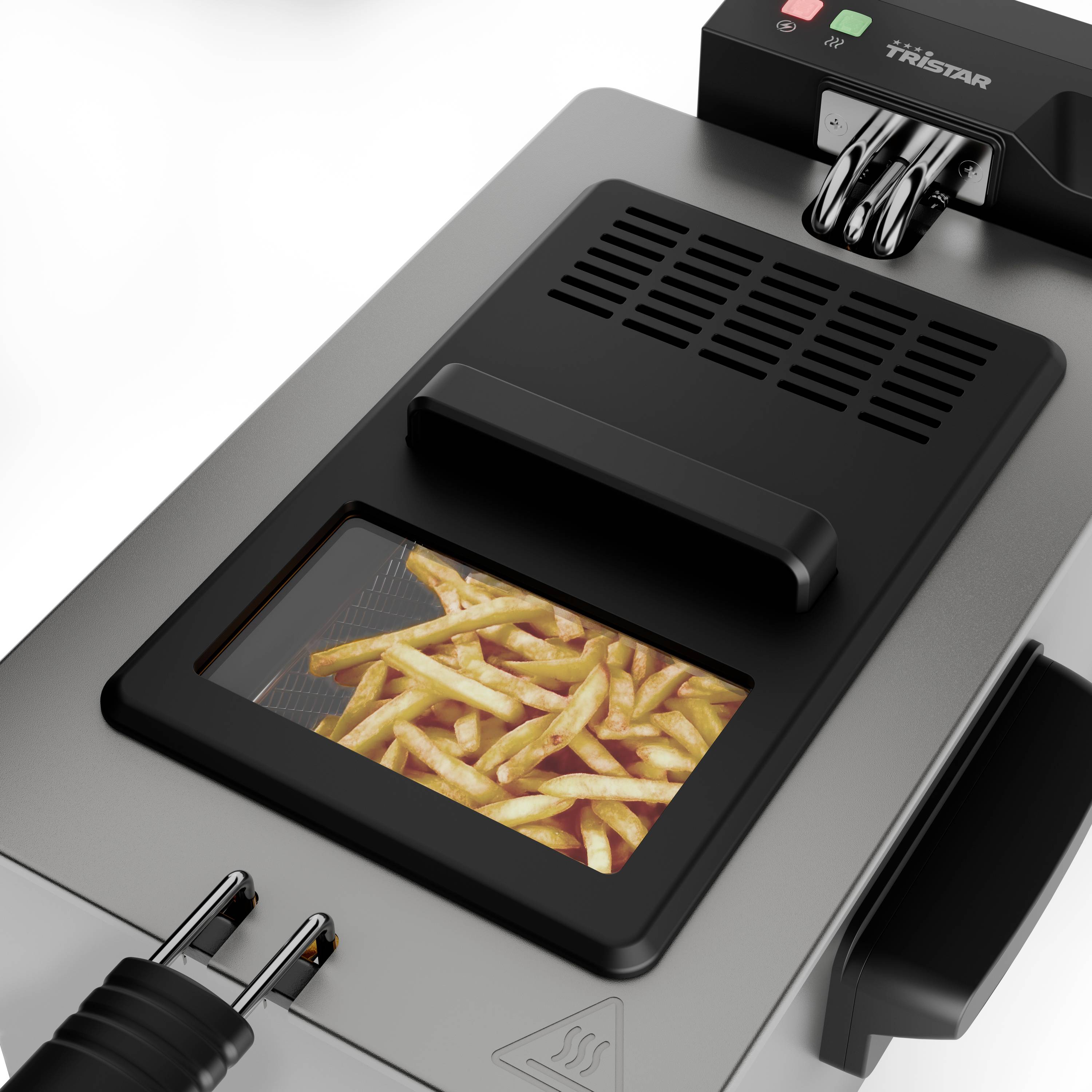 Fritteuse mit transparentem Deckel zeigt Pommes Frites im Inneren. Oben sind Bedienknöpfe sichtbar.