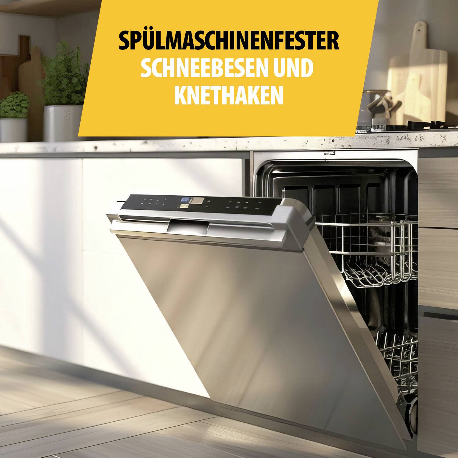 Eine offene Spülmaschine in einer modernen Küche, gefüllt mit Geschirr. Oben steht im gelben Bereich: 'Spülmaschinenfester Schneebesen und Knethaken'.