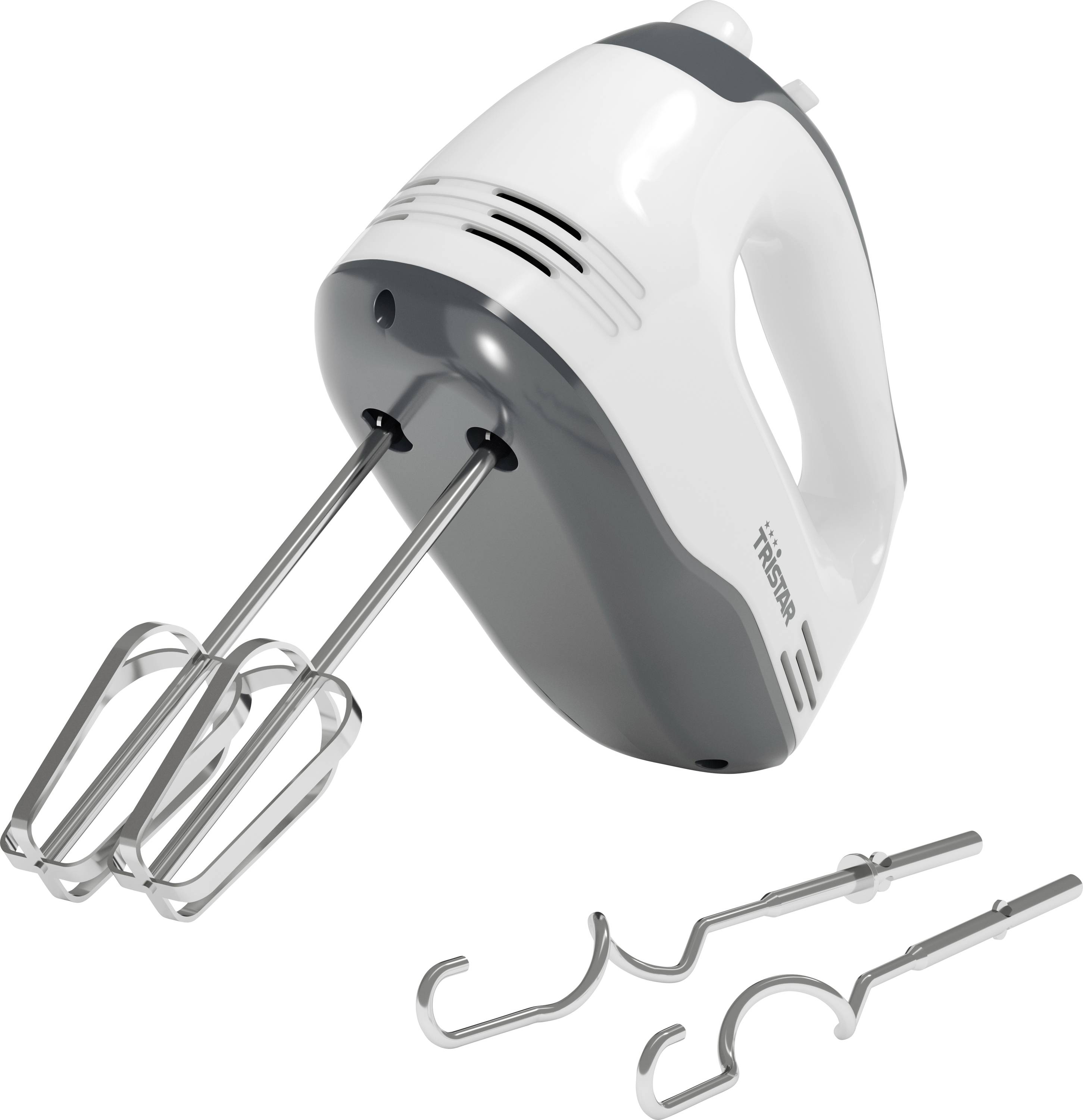 Ein elektrischer Handmixer in Weiß und Grau mit zwei Rührbesen und zwei Knethaken als Zubehör.