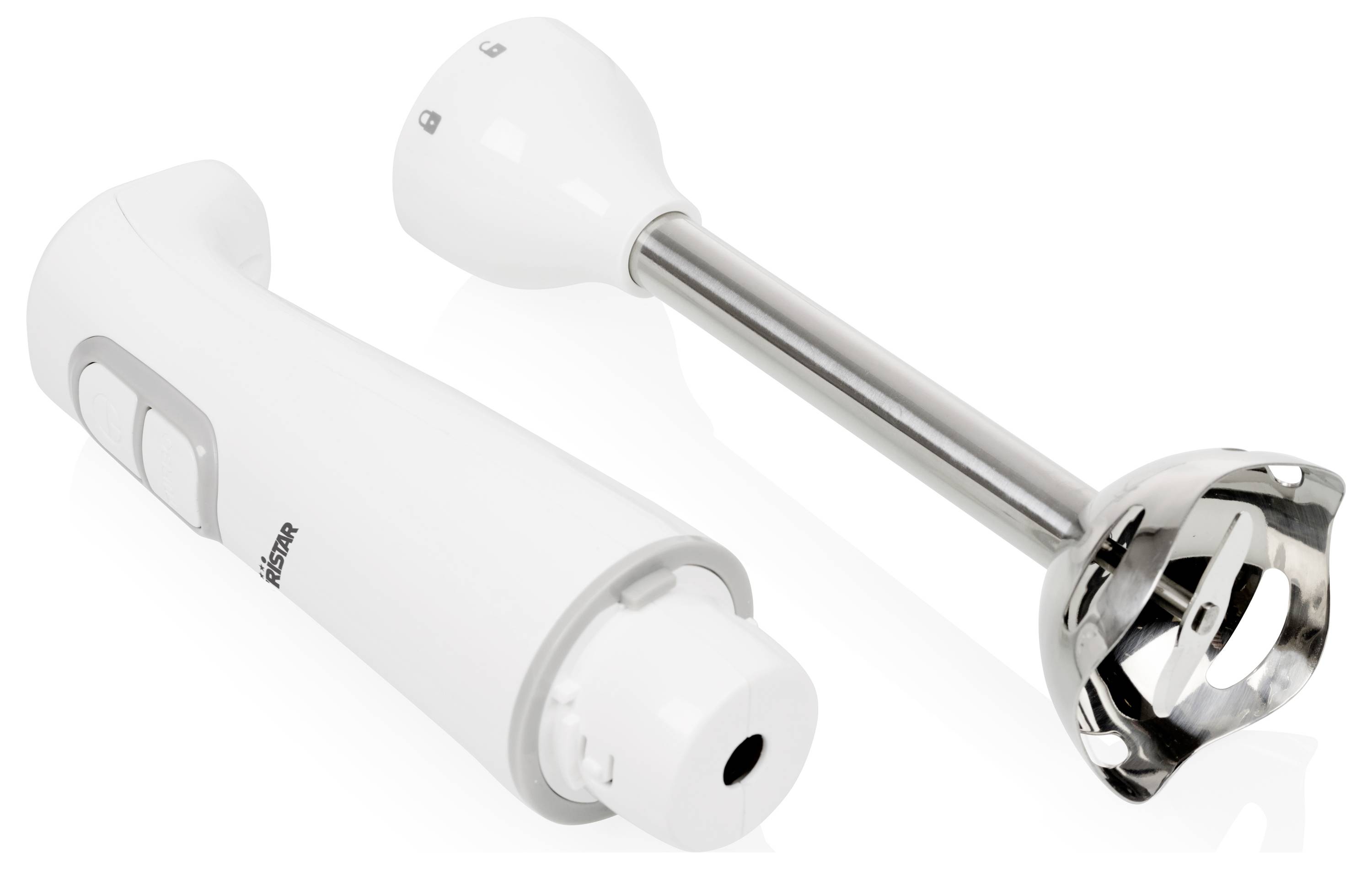 Ein weißer Stabmixer mit abnehmbarem Edelstahl-Mixfuß. Geeignet zum Pürieren von Suppen oder Saucen in der Küche.