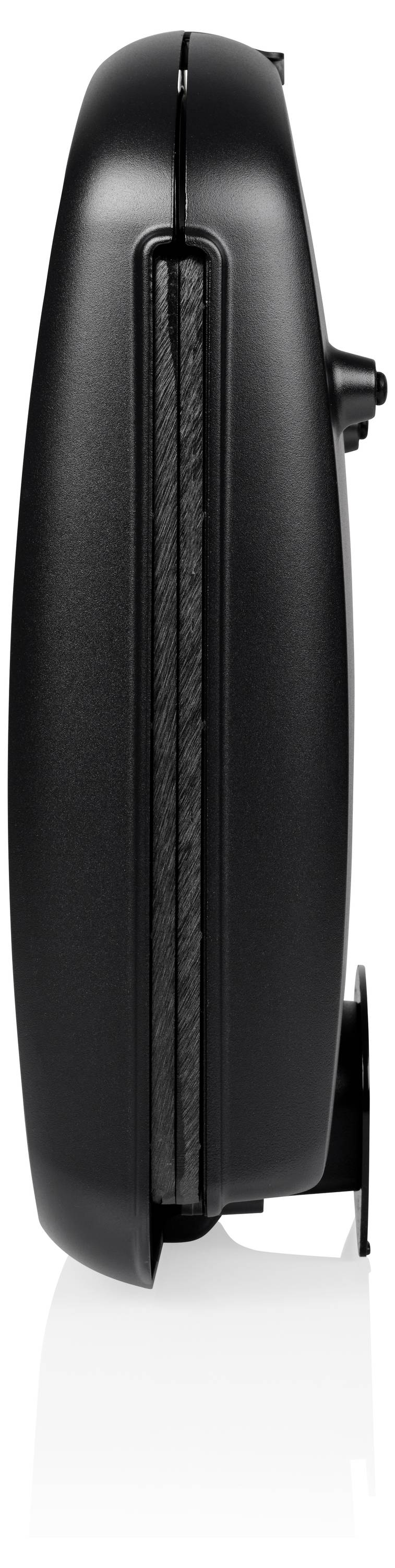 Schwarzes, geschlossenes Waffeleisen in seitlicher Ansicht auf weißem Hintergrund. Das kompakte, schlanke Design ist erkennbar.