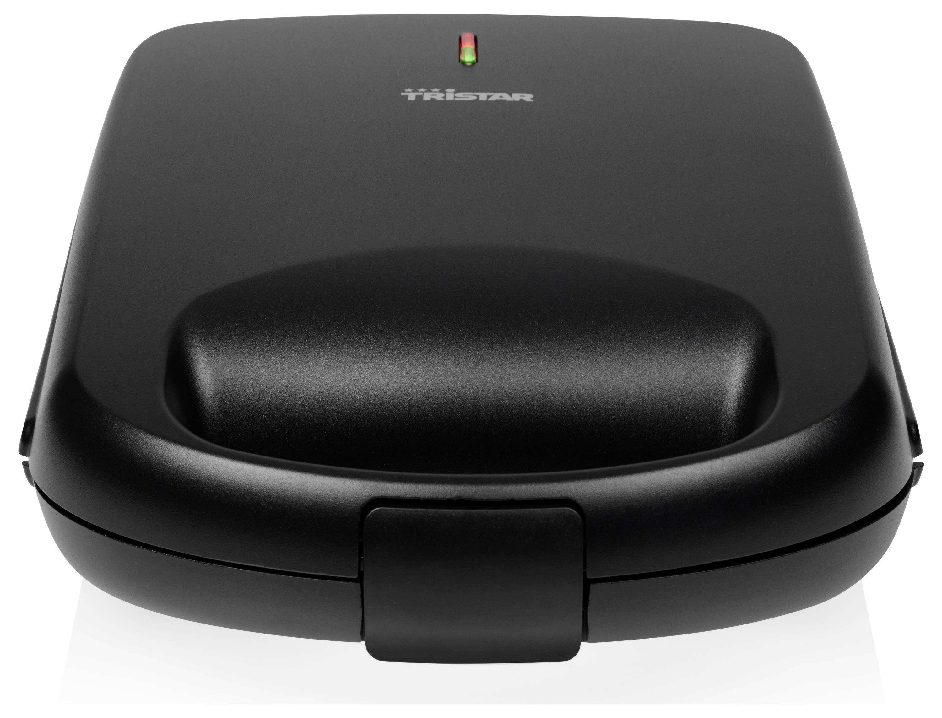 Ein schwarzer Sandwichmaker mit geschlossener Klappe und zwei Kontrollleuchten oben, eine grün und eine rot.