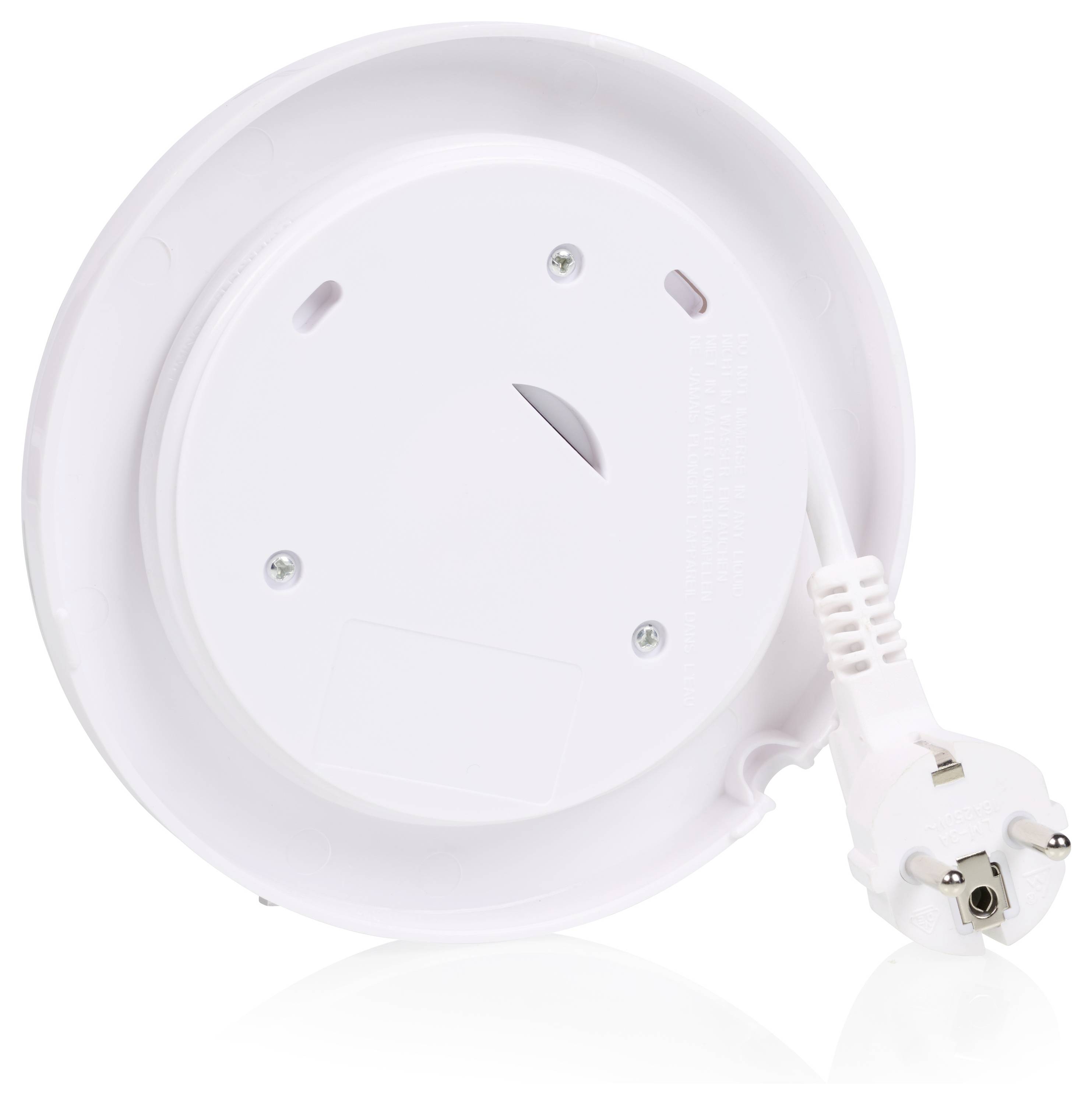 Ein weißer elektrischer Wasserkocher-Deckel in umgedrehter Position. Kabel ist aufgewickelt und ein europäischer Stecker liegt daneben.