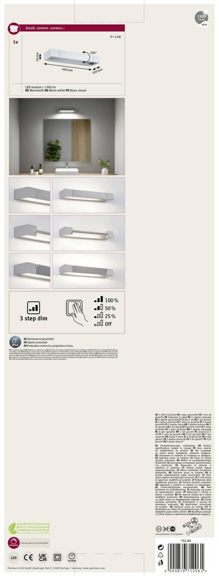 Paulmann Lucille 71206 Bad-Wandleuchte 11W Warmweiß Aluminium (matt)