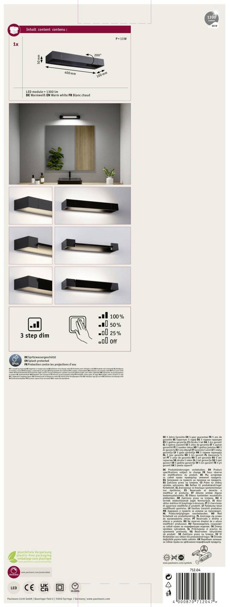 Paket einer LED-Wandleuchte mit Bildern der Lampe in verschiedenen Ansichten. Schaltbare dimmbare Lichtstufen: 100%, 50%, 25%.