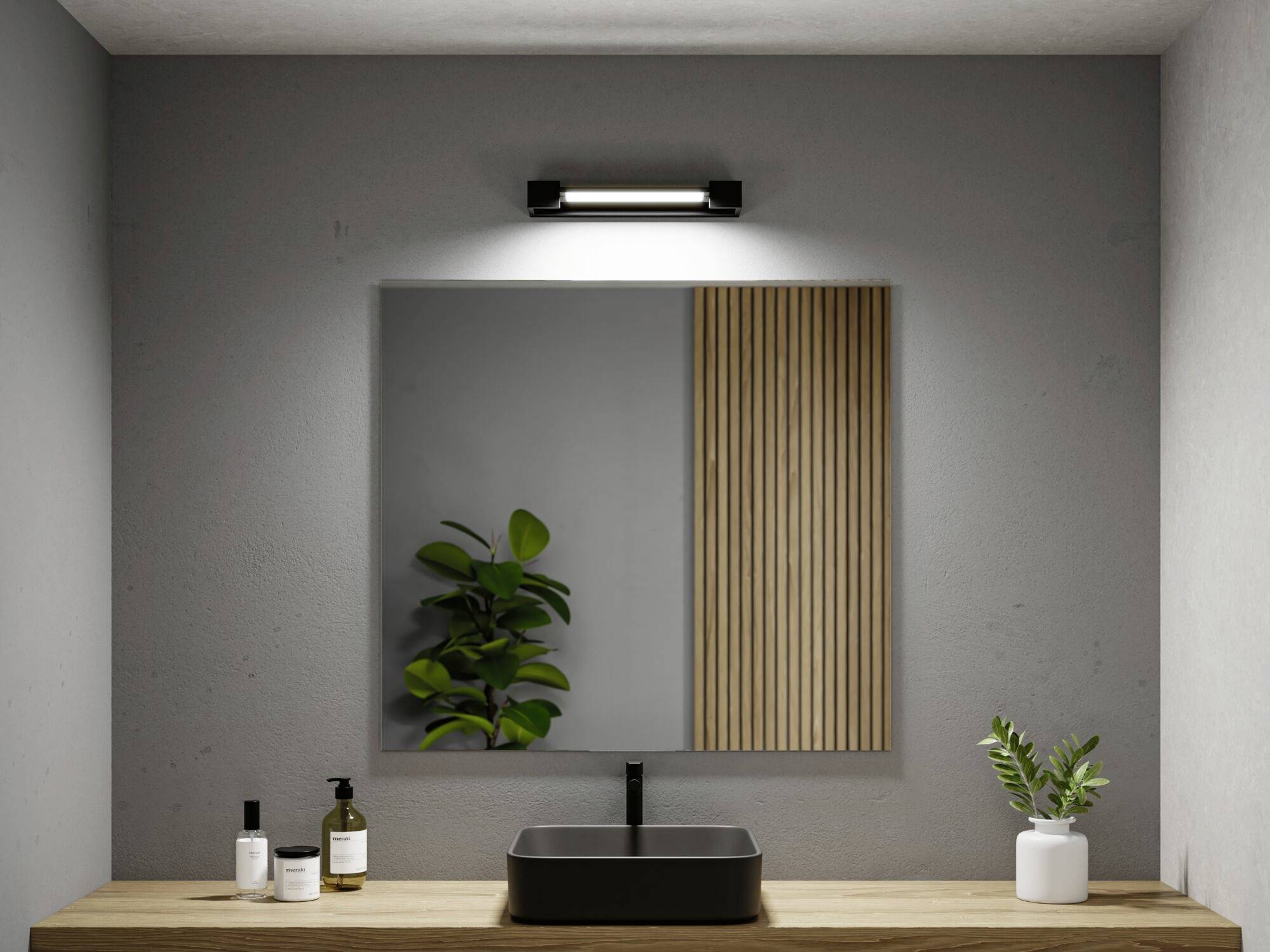 Ein moderner Waschtisch mit schwarzem Waschbecken, rechteckigem Spiegel, Holzpaneelen; Pflanzen stehen auf der hölzernen Arbeitsplatte.