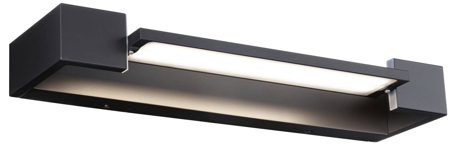 Schwarze moderne Wandleuchte mit rechteckigem, minimalistischen Design und integriertem LED-Licht, das nach unten strahlt.