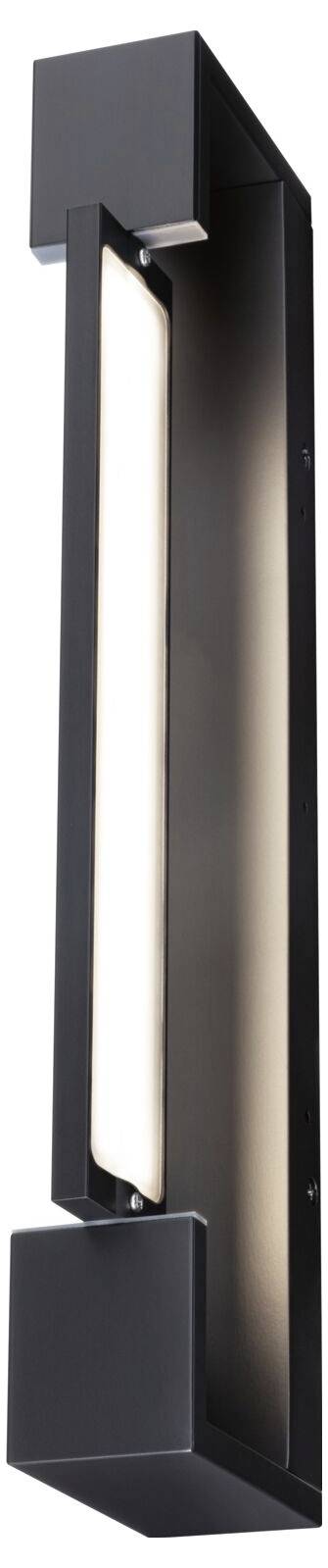 Schwarze Wandlampe mit rechteckigem Design und einem zentralen, länglichen Leuchtelement.