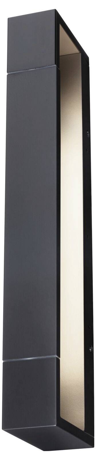 Schwarze, rechteckige Wandleuchte mit schmalem, vertikalem Gehäuse. Sie strahlt Licht zur Seite ab, geeignet für moderne Innenräume.