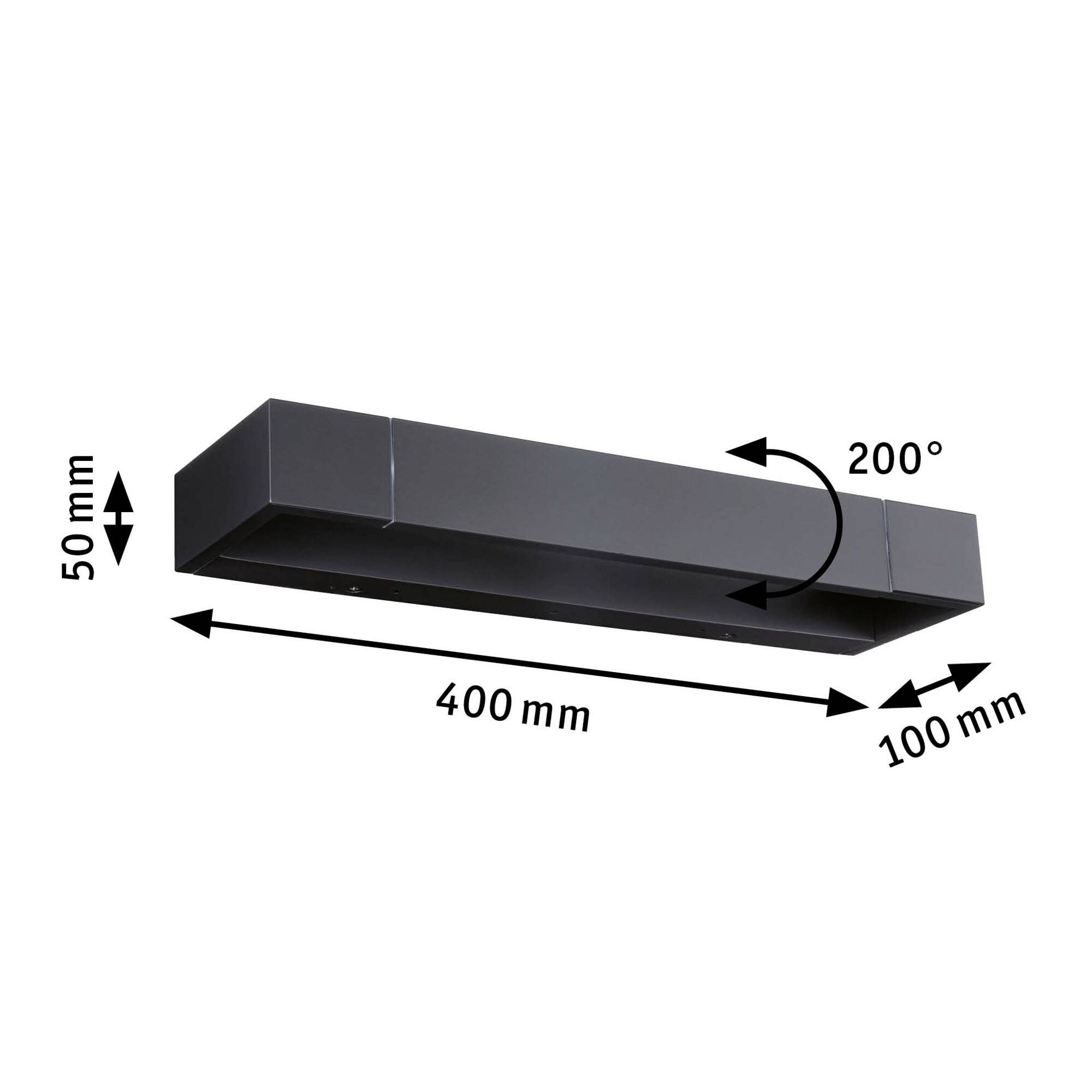 Schwarze Wandlampe mit den Maßen 400 mm x 100 mm x 50 mm und einem 200° drehbaren Lichtstrahl.