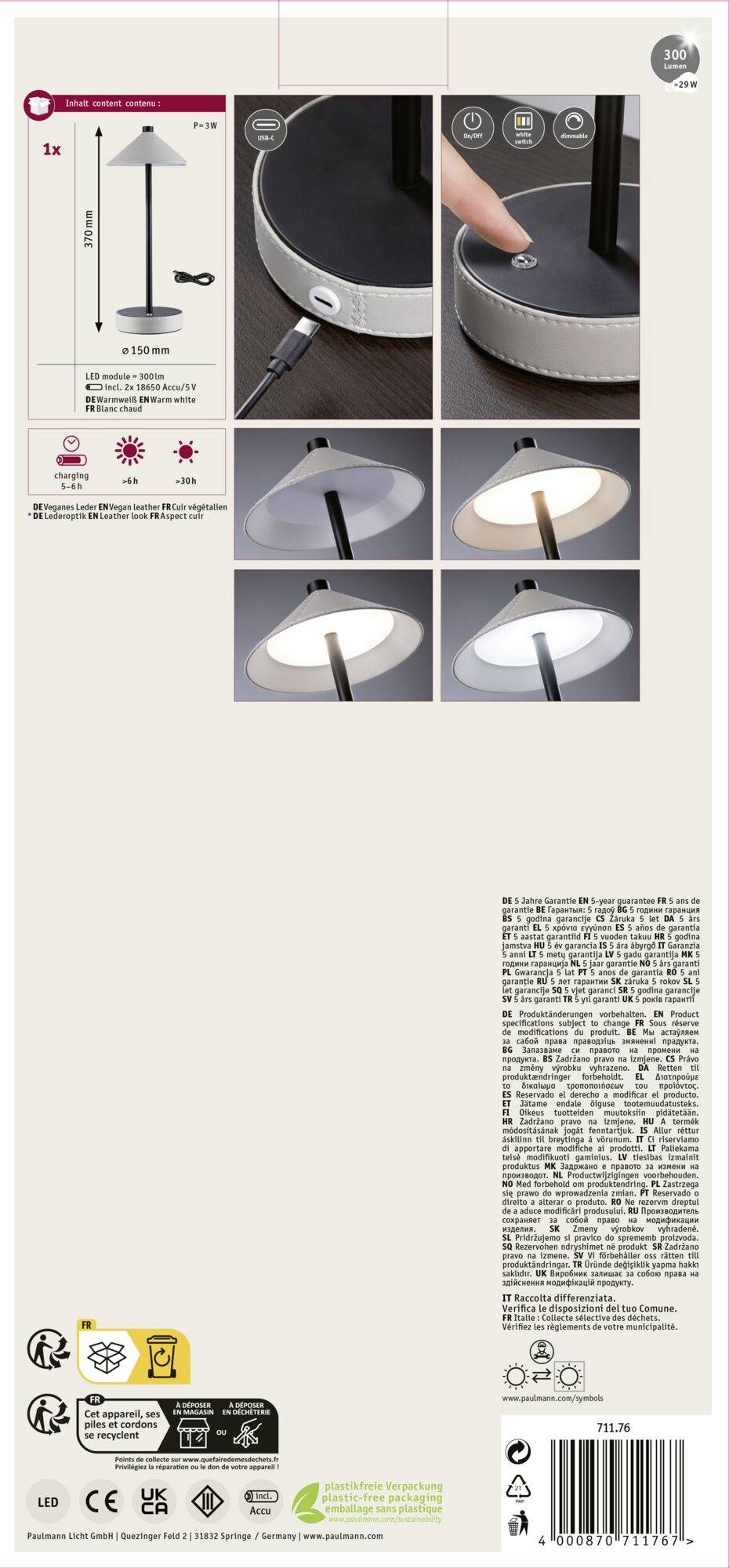 Anleitung für eine Tischlampe mit Touch-Steuerung. Zeigt die Maße, Bedienungselemente und Lichtfarboptionen warm, neutral, kalt.