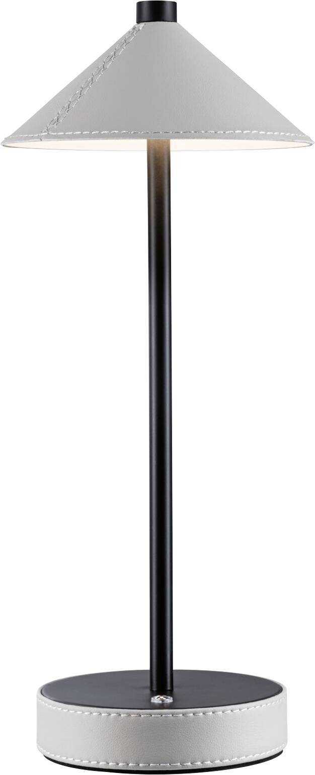 Stehleuchte mit konischer, grauer Stoffschirm und schwarzem Metallstab, auf rundem, schwarzem Sockel; modernes, schlichtes Design.