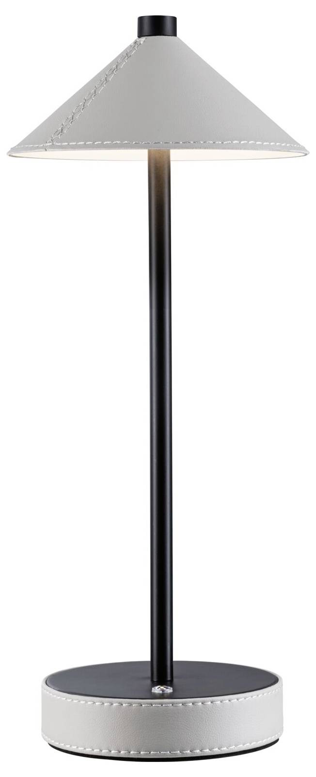 Stehlampe mit schwarzem Ständer und grauem, kegelförmigem Schirm auf schwarzem runden Sockel.