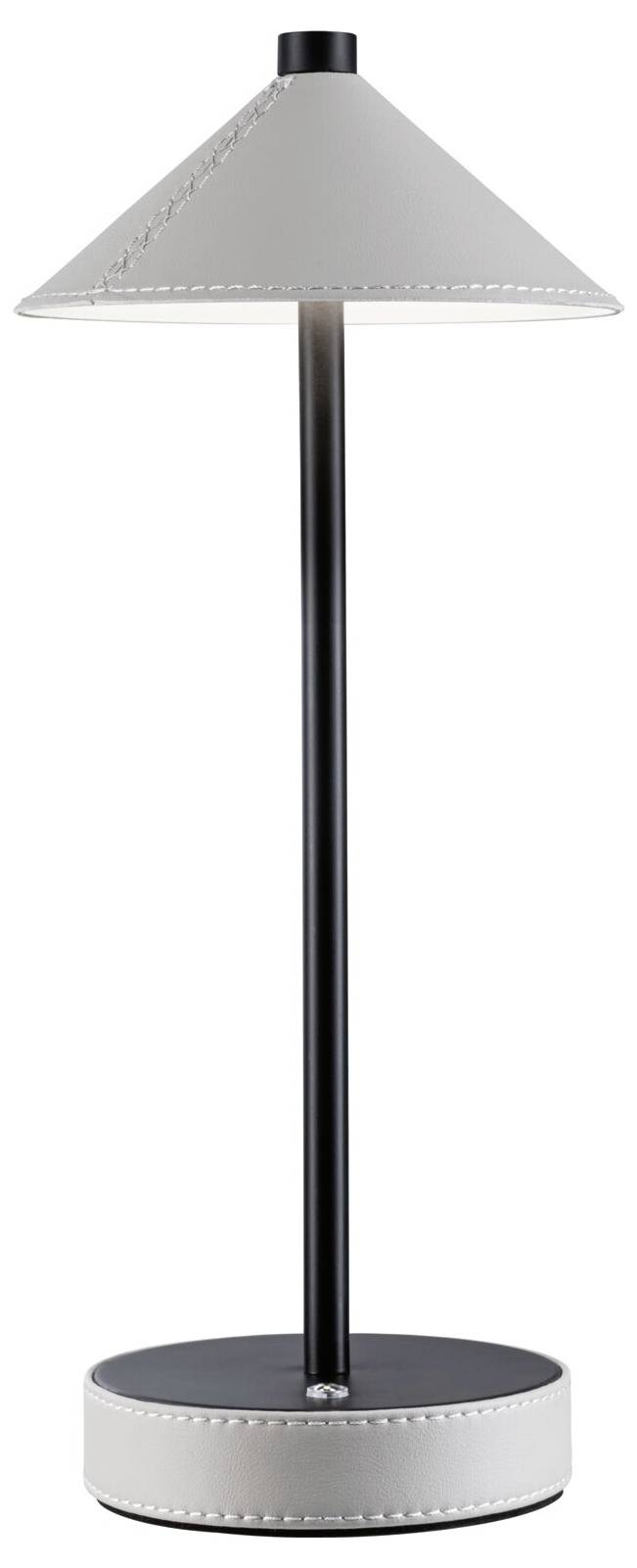 Graue Tischlampe mit konischem Schirm und schwarzem, schlankem Ständer, auf rundem Sockel.