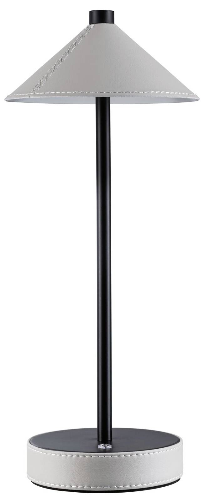 Silberfarbene Tischlampe mit schwarzem Standfuß und rundem Fuß. Schlichter, modern-minimalistischer Stil.