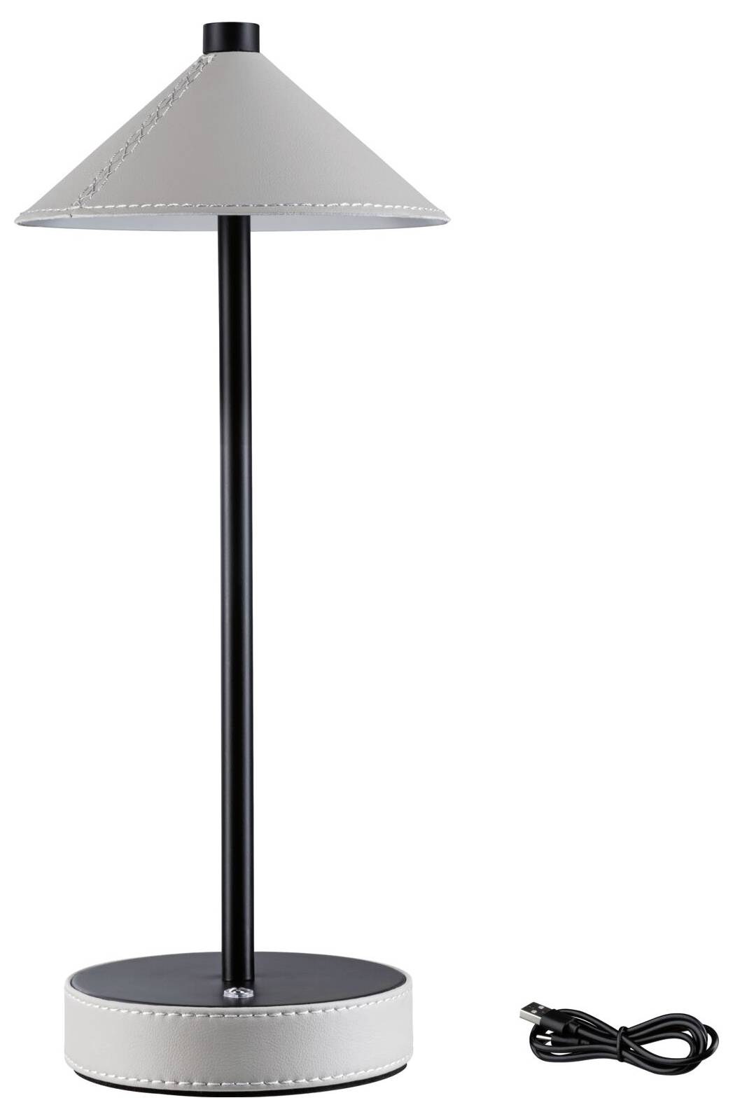 Graue Tischlampe mit konischem Schirm und schwarzem Metallständer, schwarz-grauer Sockel; nebenliegendes USB-Kabel.