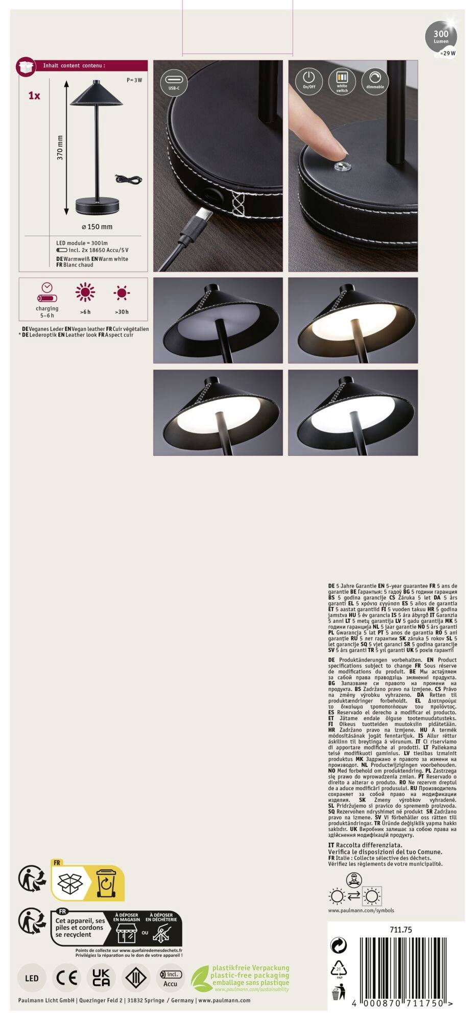 Verpackung einer LED-Lampe mit Touch-Funktion. Enthält Bilder der Lampe in verschiedenen Beleuchtungsstufen und technischen Spezifikationen.