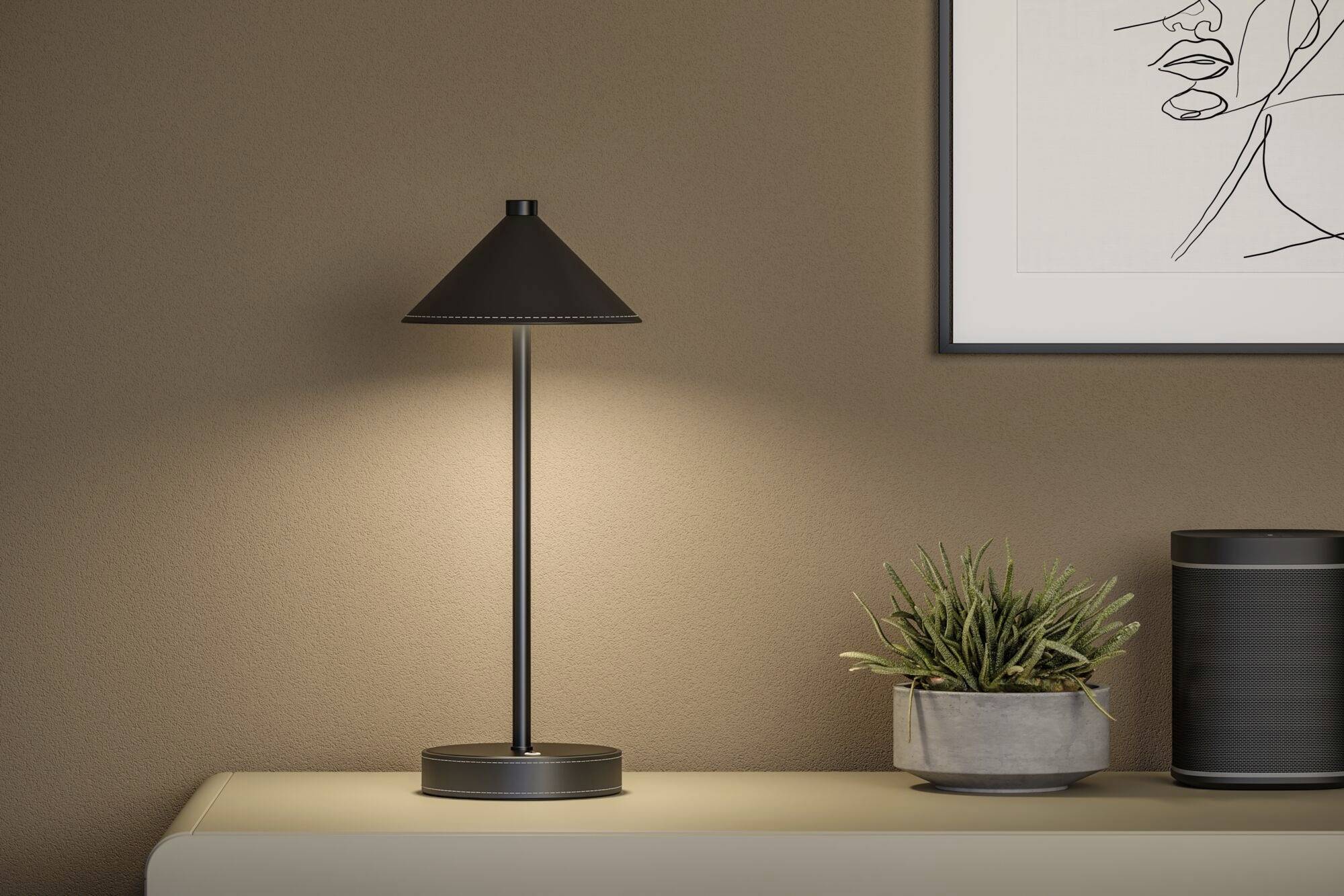 Eine schwarze Tischlampe beleuchtet einen Tisch, auf dem eine kleine Topfpflanze steht. Im Hintergrund hängt ein Kunstbild an der Wand.