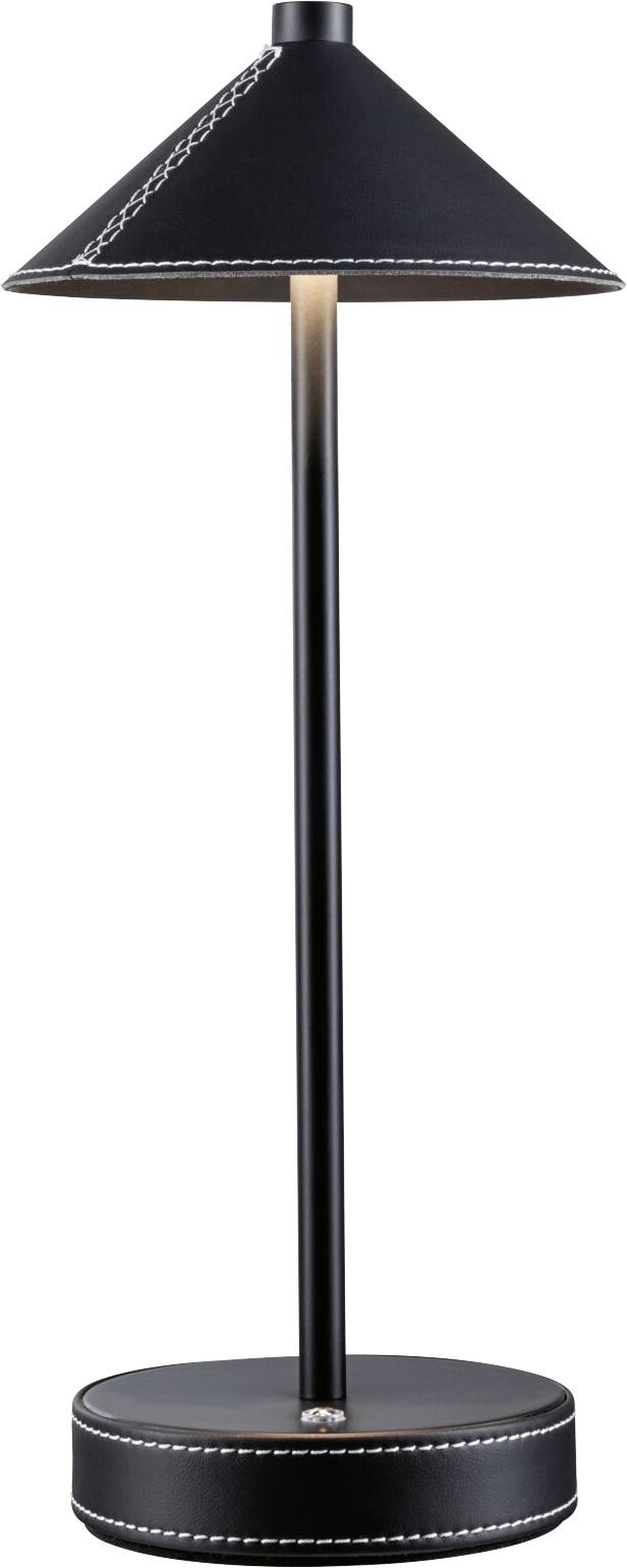 Schwarze Tischlampe mit kegelförmigem Schirm und dekorativen Nähten, auf rundem Sockel. Lampenschirm strahlt warmes Licht aus.