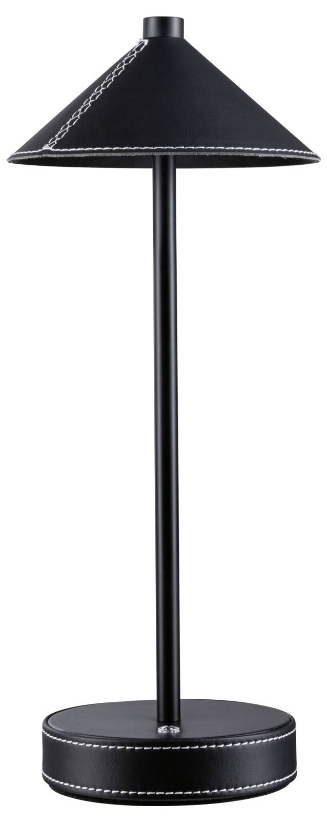 Schwarze Tischlampe mit konischem Schirm, nahtverziert.