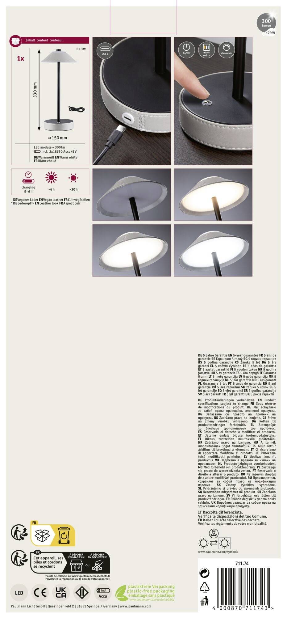 Stehlampe mit rundem Fuß, Touch-Bedienung, drei Helligkeitsstufen. Geeignet für Innenräume. Energiesparend und umweltfreundlich.