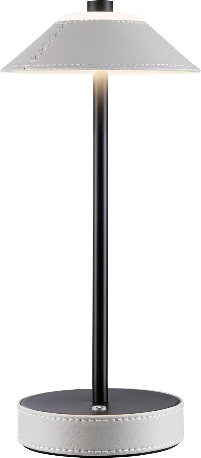 Stehleuchte mit schwarzem Stab, rundem Sockel und cremefarbenem, breitrandigem Lampenschirm.