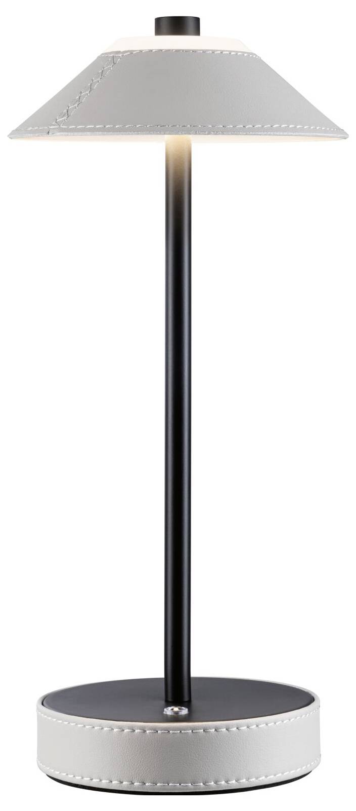 Eine stilvolle Tischlampe mit grauem Schirm und schwarzem Ständer. Der Schirm und Sockel sind mit silbernen Nieten verziert.