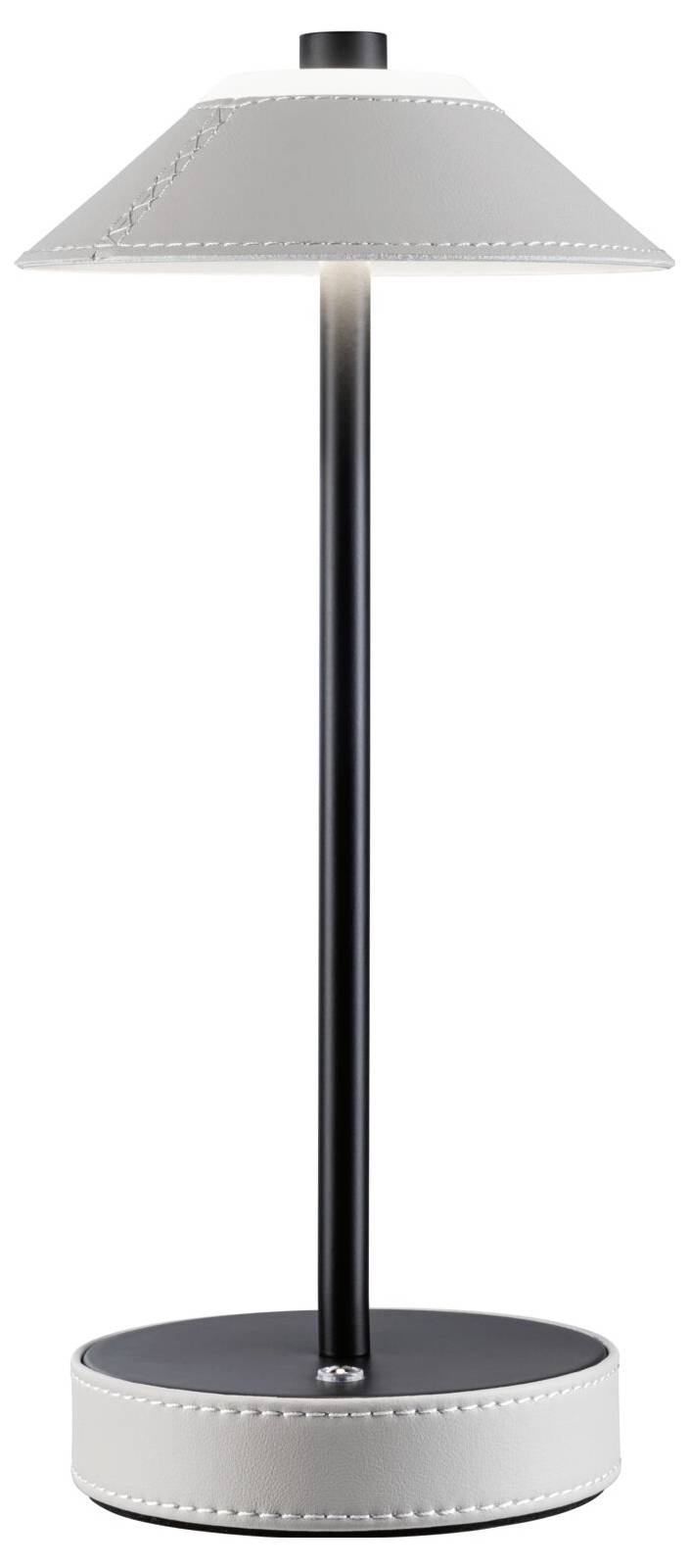 Schwarze Tischlampe mit weißem Schirm und dekorativen Nähten, geeignet für modernes Interieur.