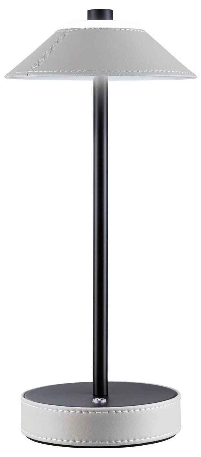 Stehlampe mit schwarzem Ständer und hellgrauem Lampenschirm, verziert mit feinen Nähten; modernes, minimalistisches Design.