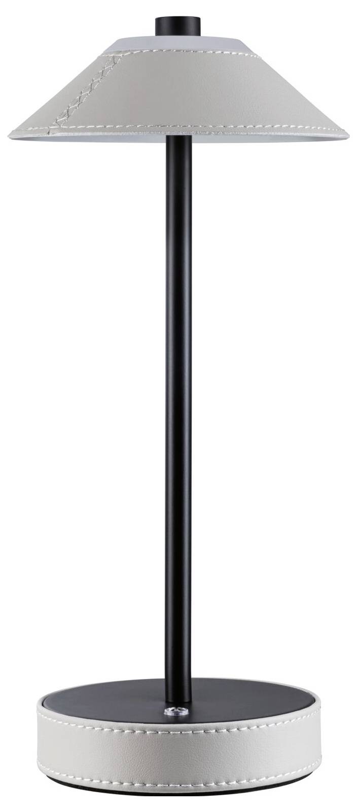 Eine schlanke Tischlampe mit schwarzem Ständer und grauem Schirm, verziert mit sichtbaren Nähten.