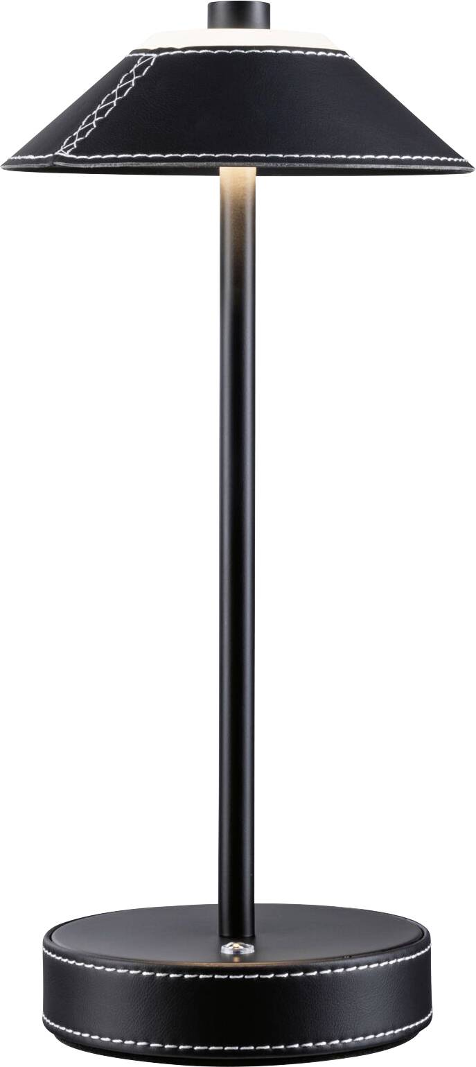 Eine schwarze Tischlampe mit schlankem Ständer und runder Basis. Der Lampenschirm hat weiße Nähte als Dekoration.