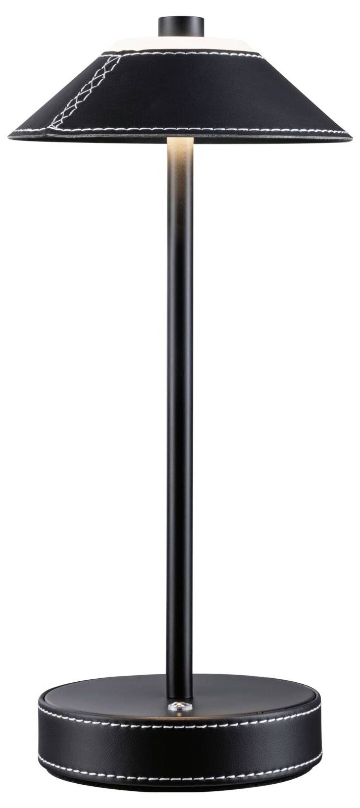 Schwarze Tischlampe mit rundem Sockel und konischem Schirm. Weiße Ziernaht am Rand des Schirms. Minimalistisches Design.