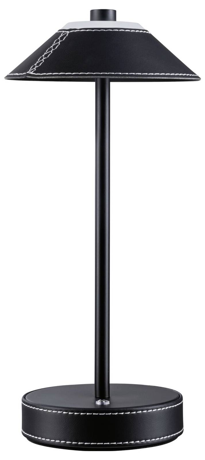 Schwarze Tischlampe mit rundem Sockel und konischem Lampenschirm, verziert mit weißen Nähten.