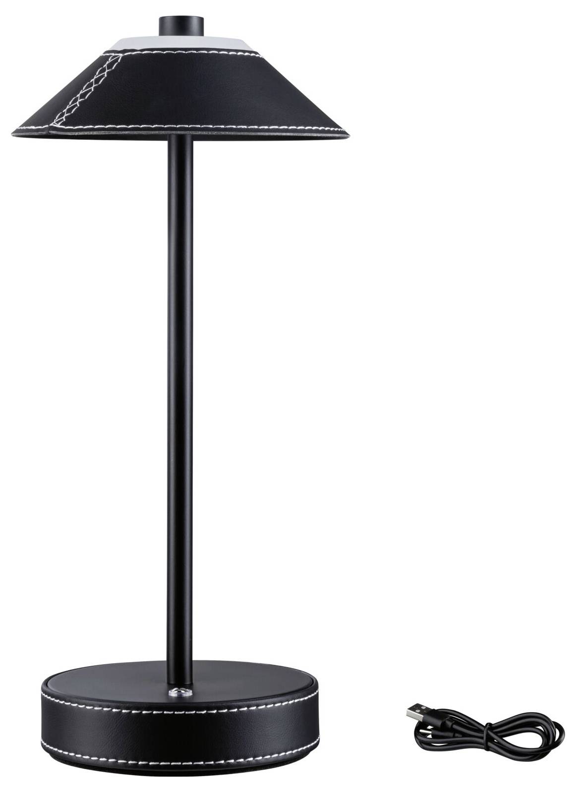 Tischlampe mit schwarzem Schirm und USB-Kabel auf weißem Hintergrund.