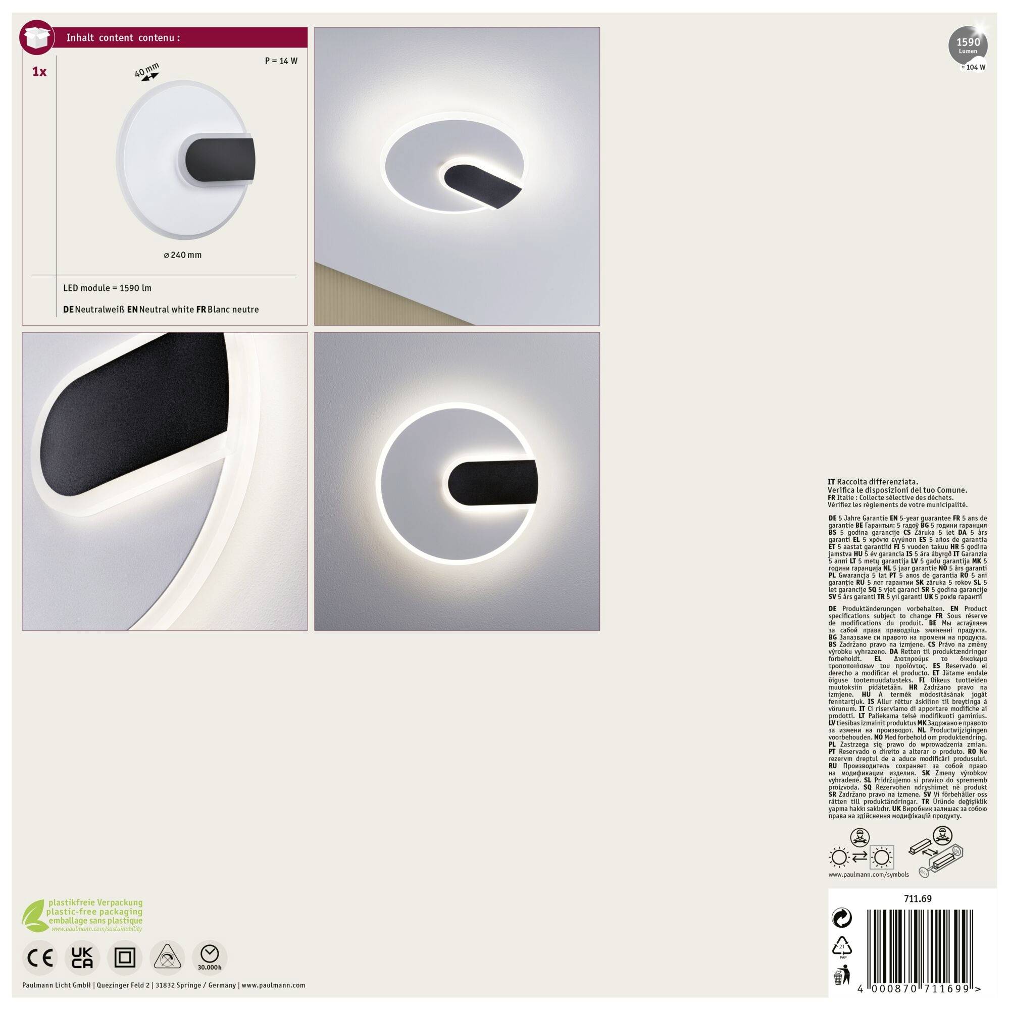 Paulmann 71169 LED-Wandleuchte 9W LED Weiß, Schwarz