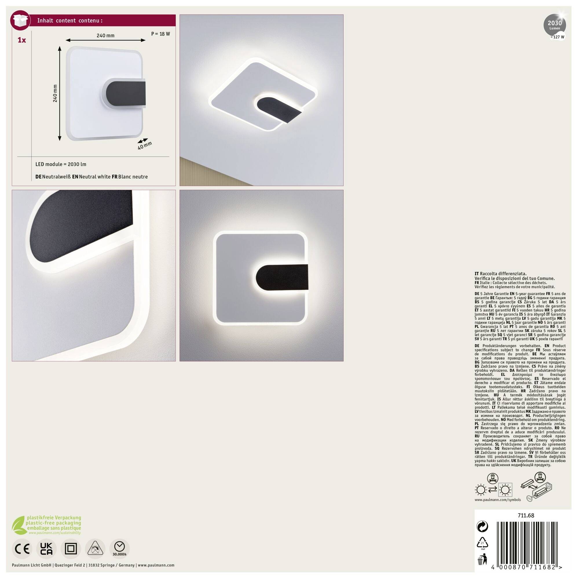 Paulmann 71168 LED-Wandleuchte 12.5W LED Weiß, Schwarz