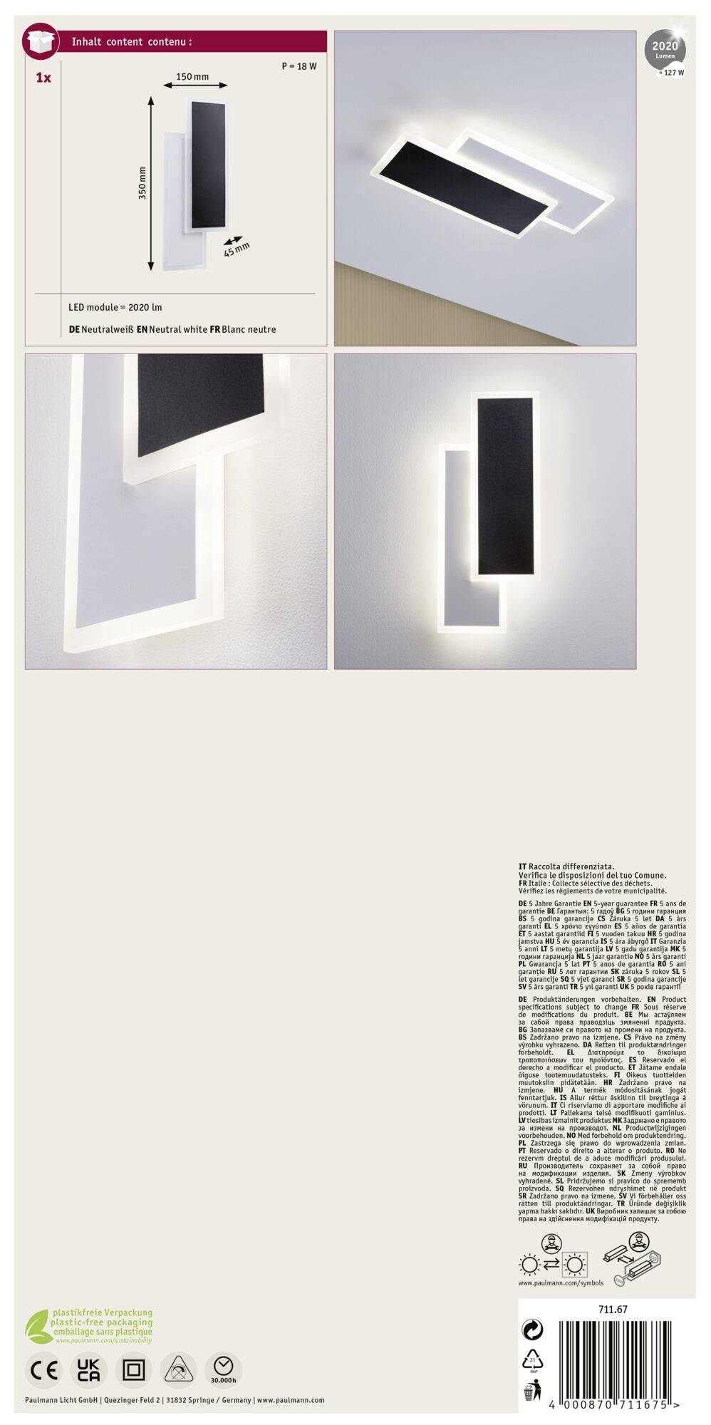 Paulmann 71167 LED-Wandleuchte 8W LED Weiß, Schwarz