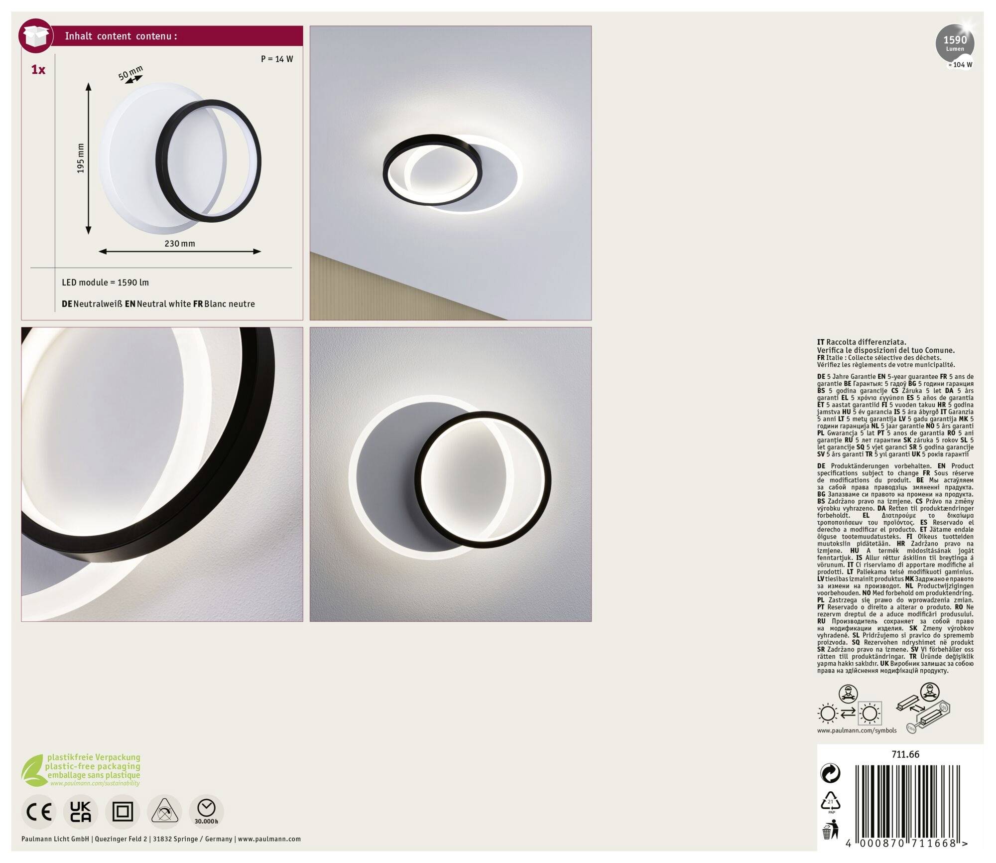 Paulmann 71166 LED-Wandleuchte 7W LED Weiß, Schwarz