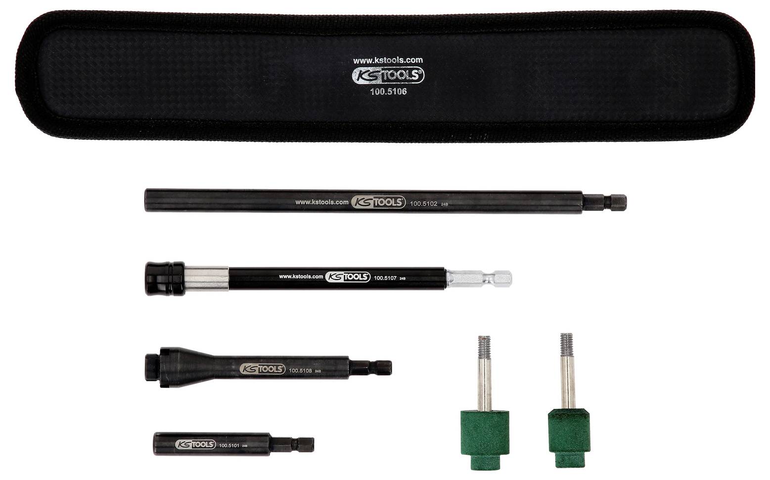 Ein Satz von fünf Schraubendreher-Verlängerungen in unterschiedlichen Längen, zusammen mit einem Etui zur Aufbewahrung.