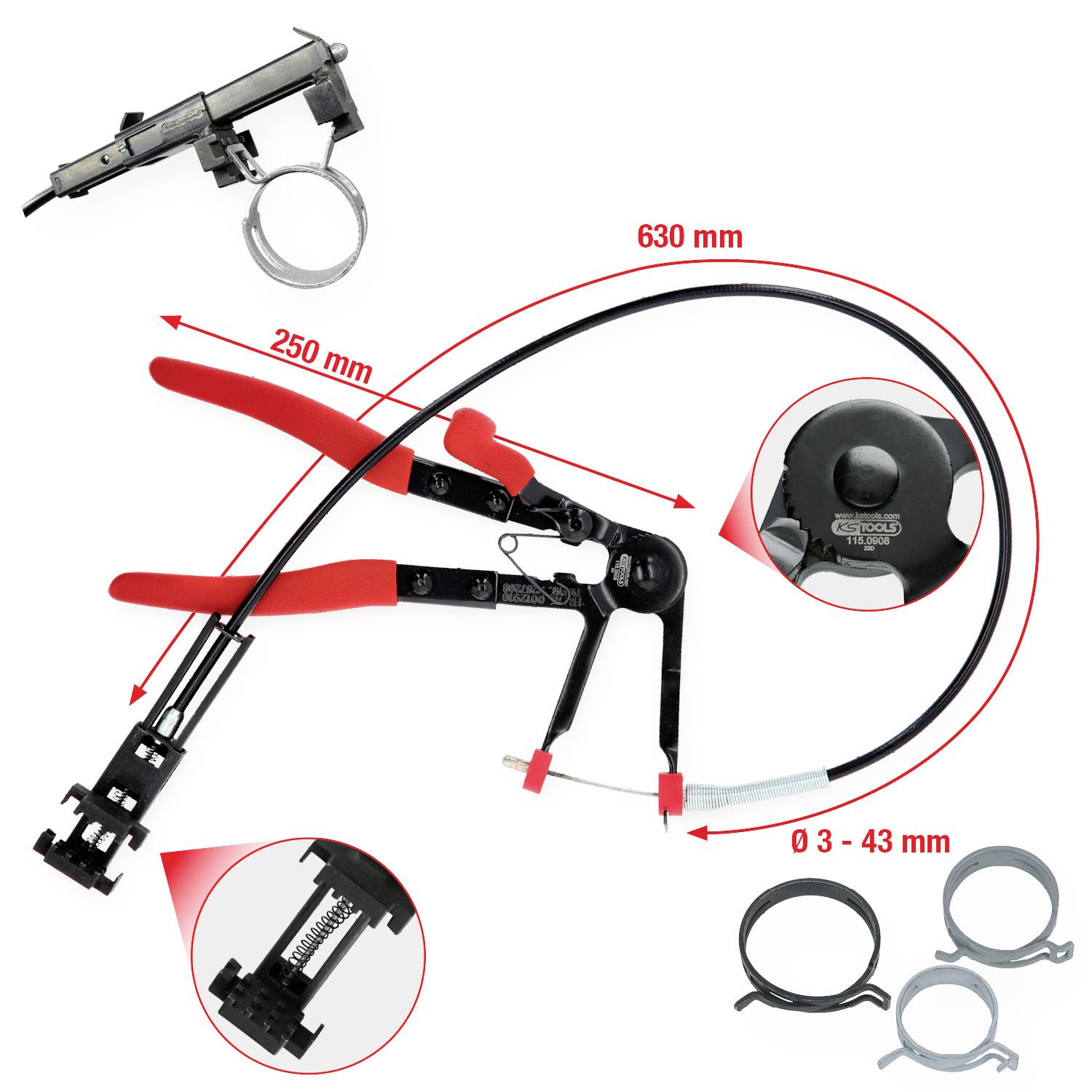 KS Tools 115.0908 Universal-Schlauchschellenzange mit Bowdenzug, 630mm