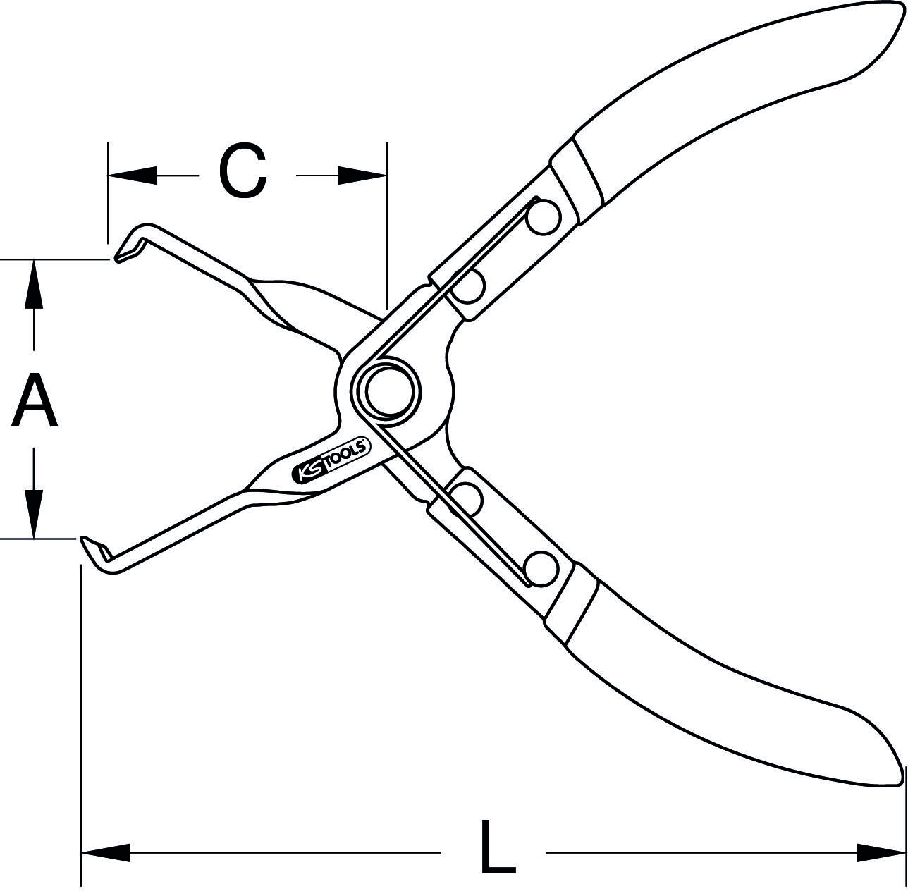 Gabelringzange mit Maßen: A (Höhe des Mauls), C (Breite des Mauls), L (Gesamtlänge). Verwendet für das Greifen oder Lösen von Ringen.