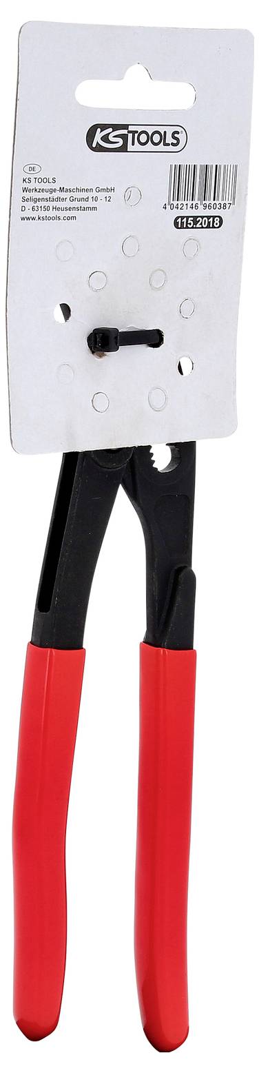 Eine rote Zange mit schwarzen Greifbacken, an einem weißen Papphalter mit dem Logo 'KS Tools' befestigt.