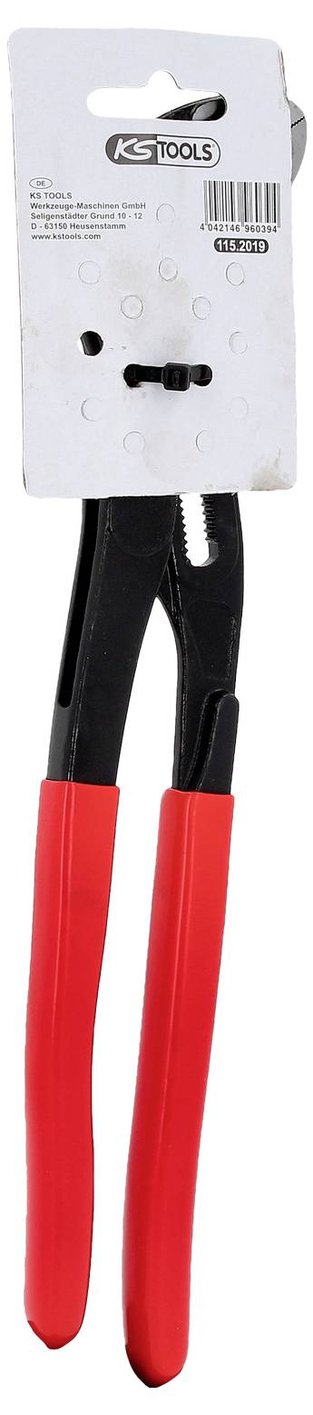 Eine Wasserpumpenzange mit roten Griffen hängt an einer Verpackungskarte von KS Tools. Sie hat verstellbare Backen für unterschiedliche Größen.