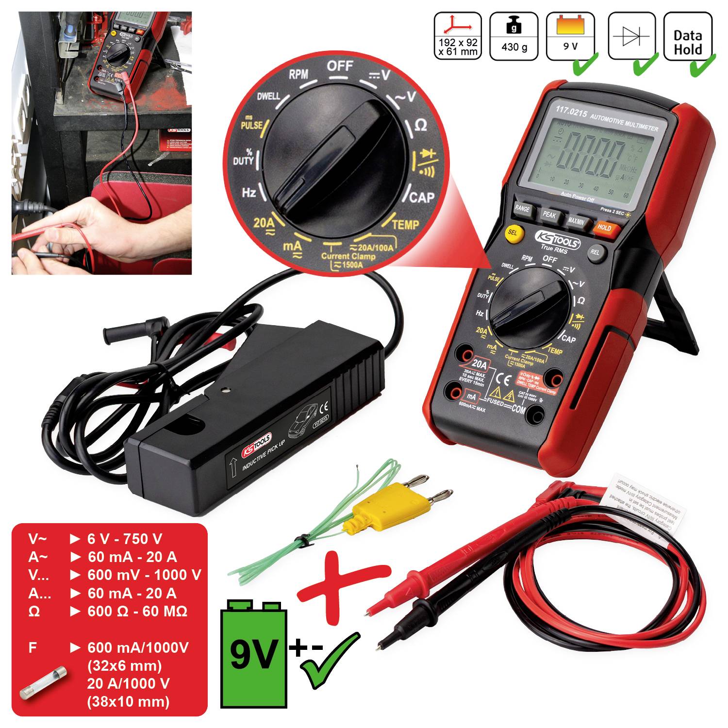 Digitales Multimeter-Set, zeigt Messungen und Anschlüsse. Eingebauter Ständer, rote und schwarze Prüfkabel, Adapter für verschiedene Modi. Geeignet für Spannungs-, Strom- und Widerstandsmessung.