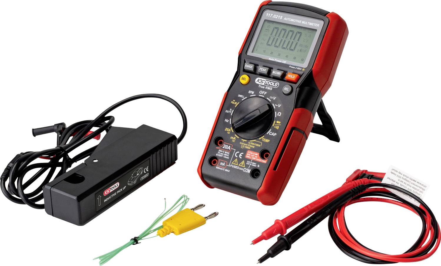 Ein digitales Multimeter mit Kabeln, Krokodilklemmen und Temperatursonde. Geeignet für elektrische Messungen.