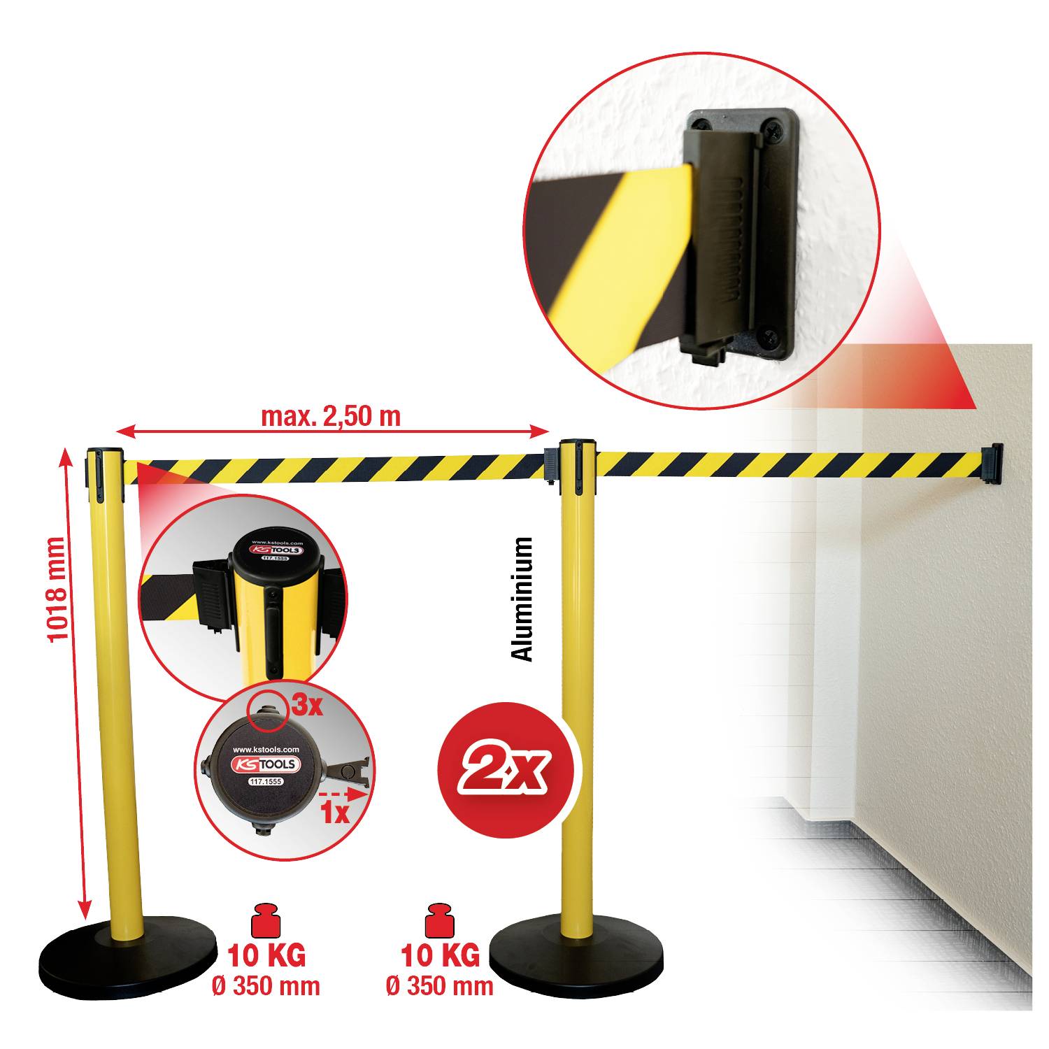 Gelb-schwarzes Absperrband ausziehbar bis 2,50 m mit Wandbefestigung, Aluminiumständer, 2 Basen à 10 kg für Stabilität.
