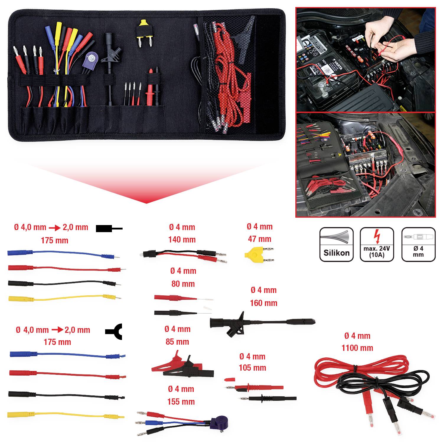 Multimeter-Zubehörset mit Kabeln, Steckdosenadaptern und Klemmen. Enthält Silikonleitungen, max. 24V, 10A, 0,4 mm bis 2,0 mm.