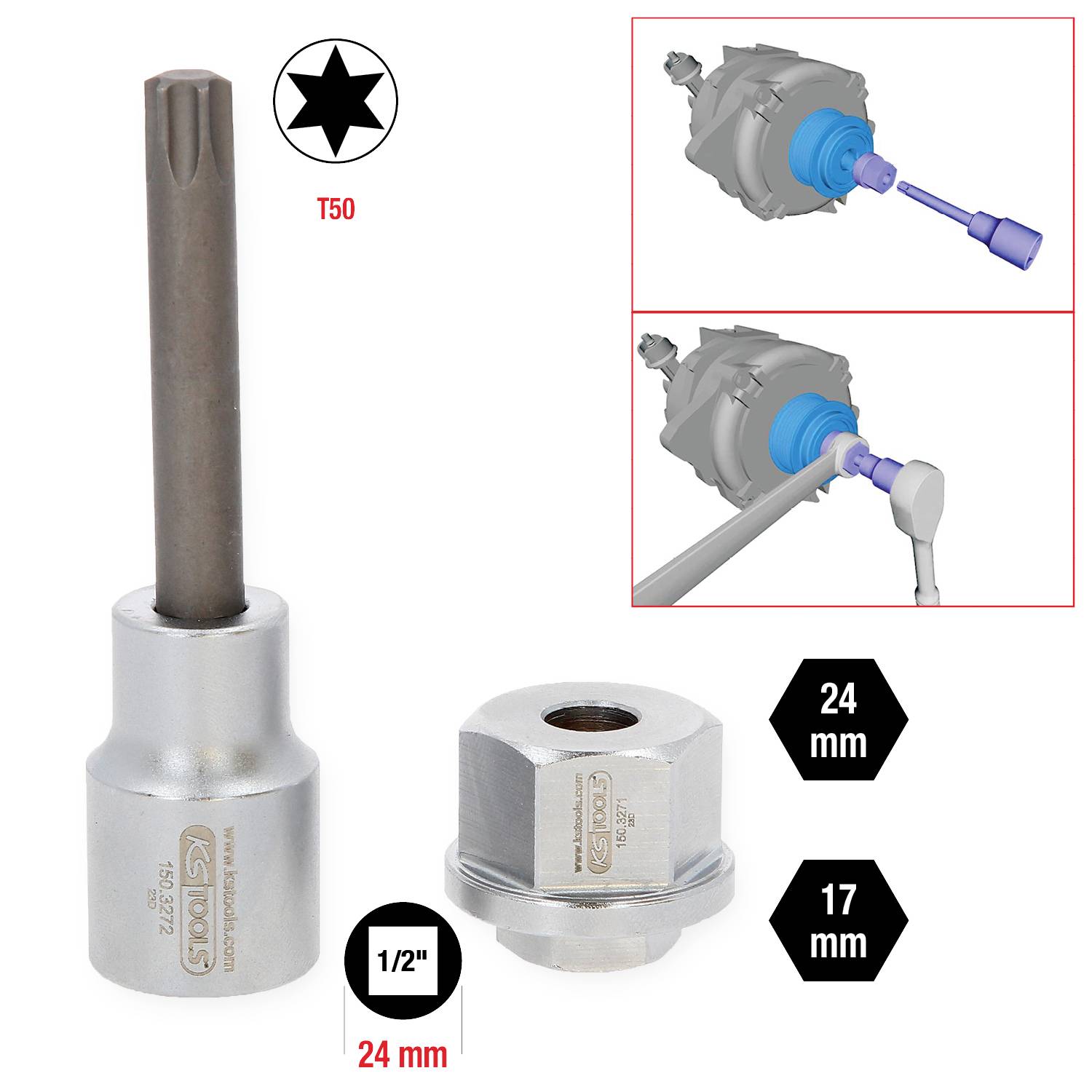 T50 Torx Nuss mit 24 mm und 17 mm Größen, geeignet für den Einbau und Ausbau von einstellbaren Vorderklemmen an BMW Motorrädern.
