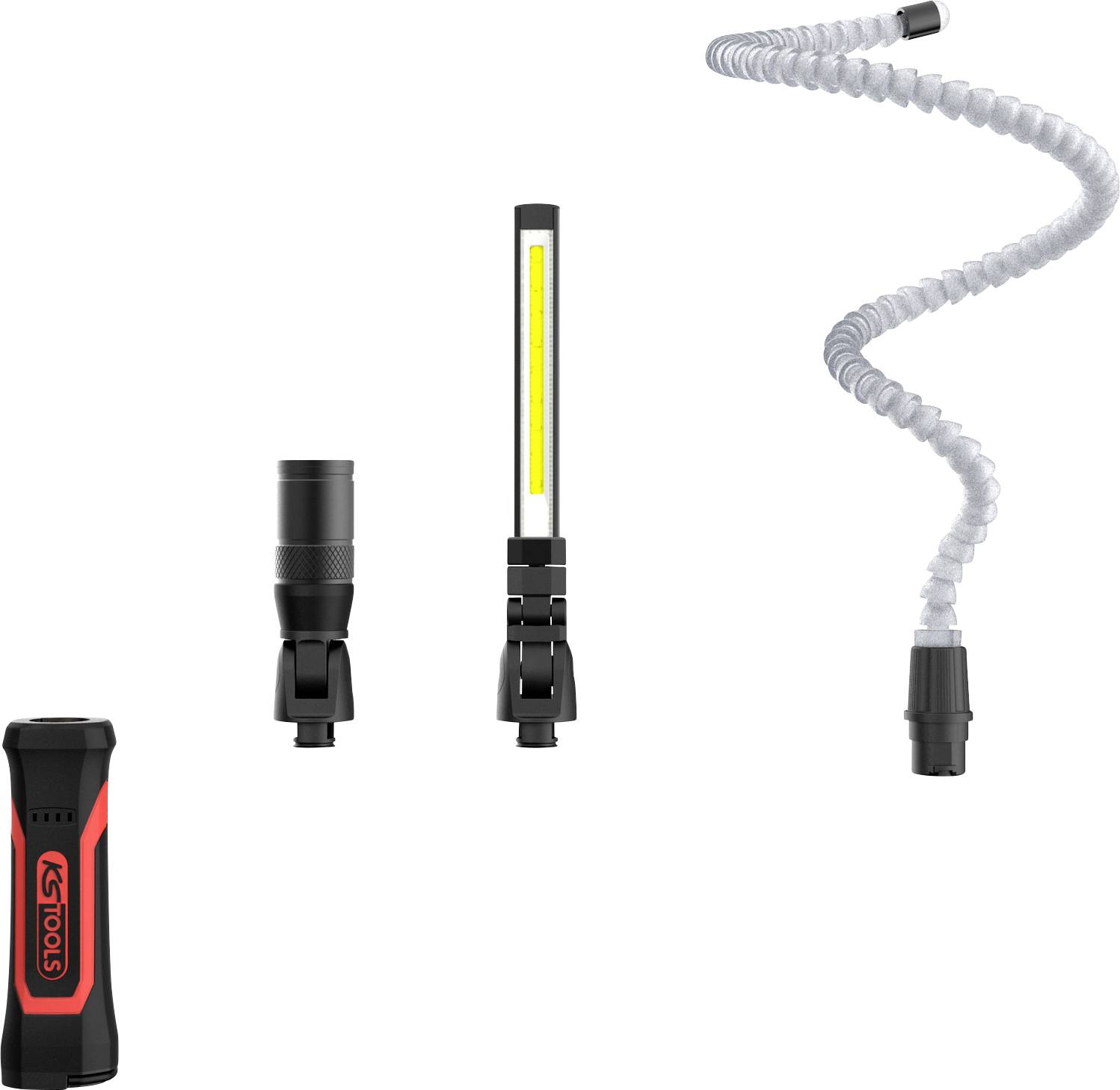 Drei K-Tools Inspektionsleuchten werden gezeigt: eine kompakte Taschenlampe, eine schwarze Taschenlampe, eine schlanke LED-Leiste und eine flexible spiralförmige Arbeitsleuchte.